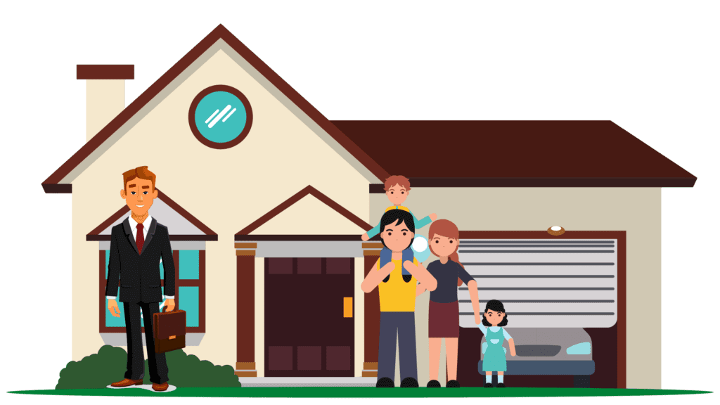 family with real estate agent in front of a house